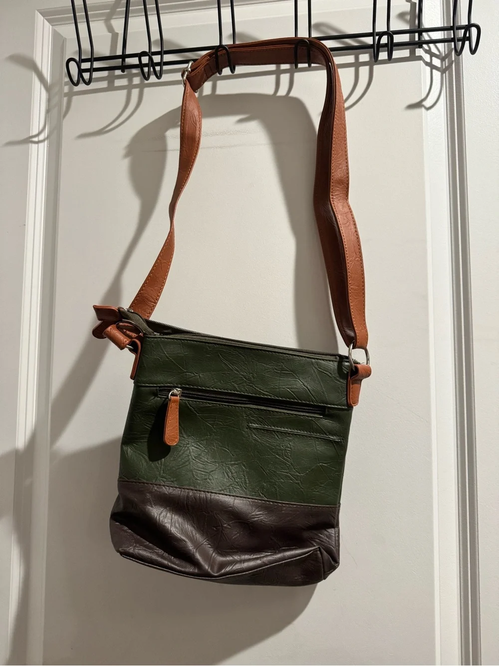 B.Amici 10x10 Green and Brown Crossbody Bag with Tan Strap